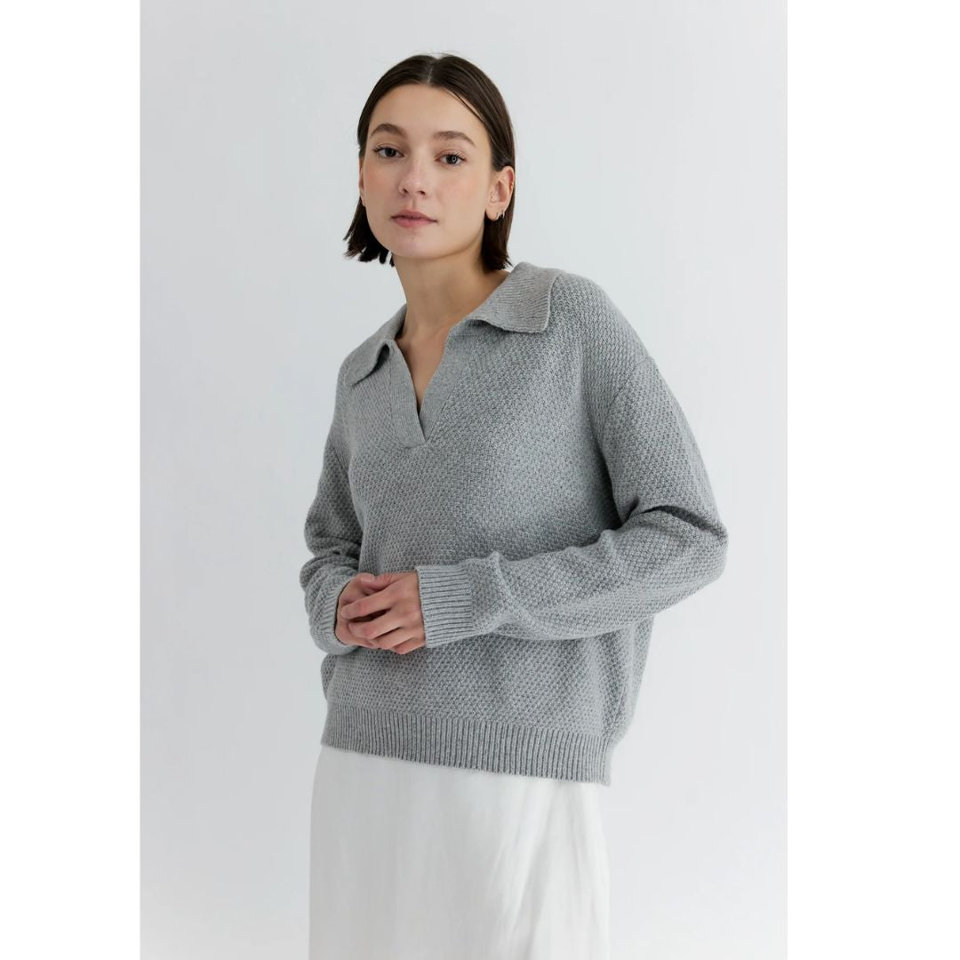 Heather Grey Knit Polo Sweater